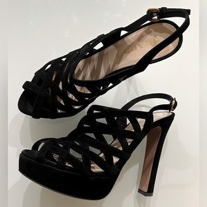 Prada Black Suede Cutout Open Toe Heels, Size 38/8